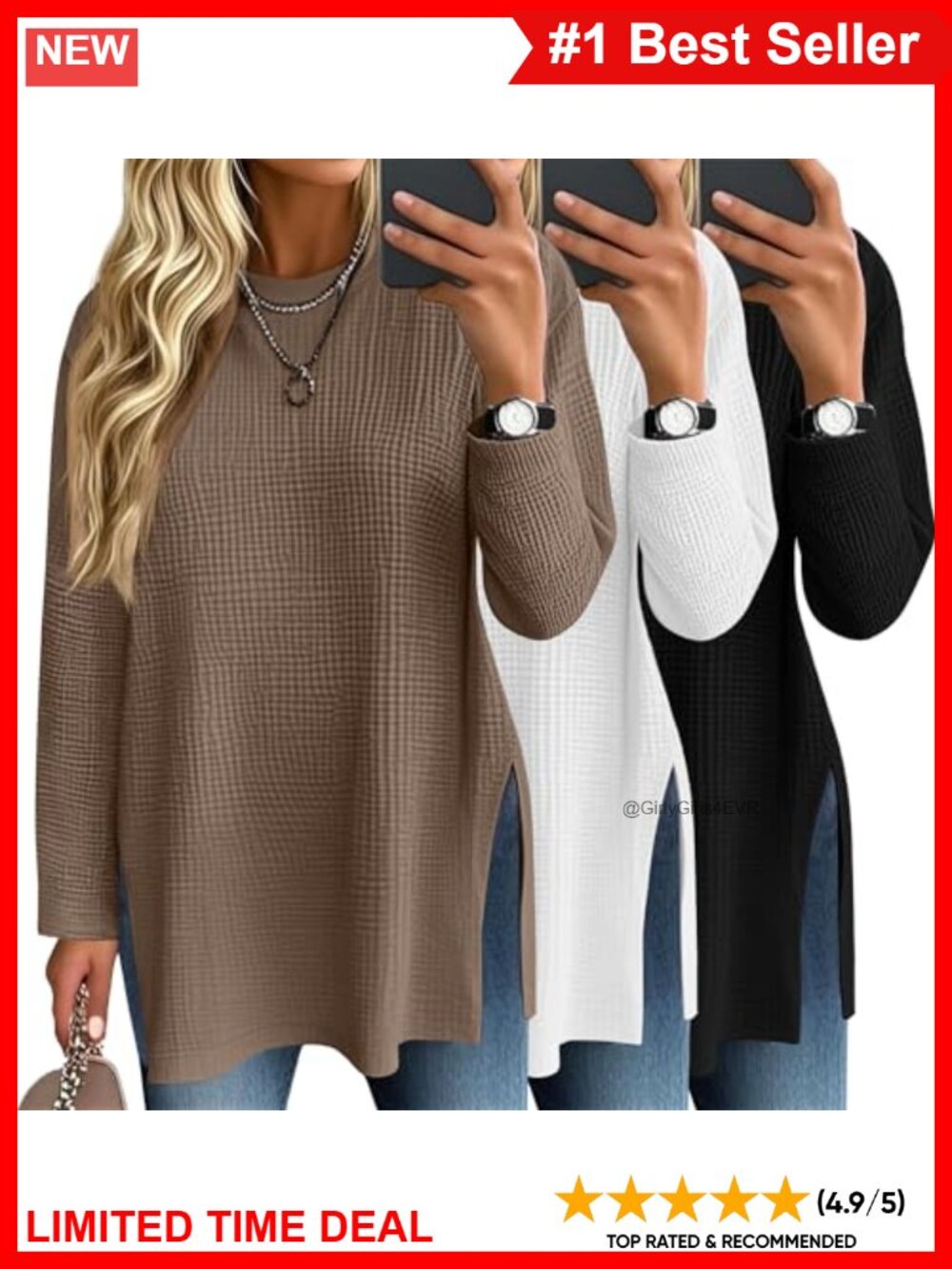 Waffle Knit Long Sleeve Oversized Tops 3 Pack Crew Neck Side Slit